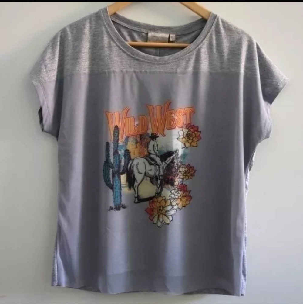 DANTELLE | Women's Heather Grey Wild West Cowboy Front Mesh Short Sleeve Shirt